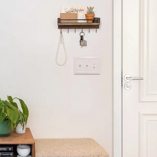 Mkono Key Holder for Wall 95quot x 35quot x 25quot Small Rustic Wood Key Rack with 6 Hooks Decorative Display Keys Hanger Organizer for Entryway Living Room Bedroom Bathroom Office Home DecorBrown
