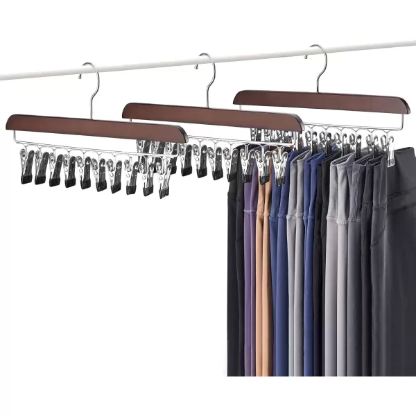 Mkono Legging Organizer for Closet Set of 2 Yoga Pants Hangers with 20 Rubber Coated Clips 360 Swivel Hook Space Saving Rustic Wood Hanging Closet Organizers and StorageBrown