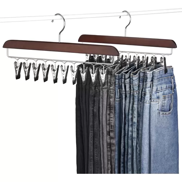 Mkono Legging Organizer for Closet Set of 2 Yoga Pants Hangers with 20 Rubber Coated Clips 360 Swivel Hook Space Saving Rustic Wood Hanging Closet Organizers and StorageBrown
