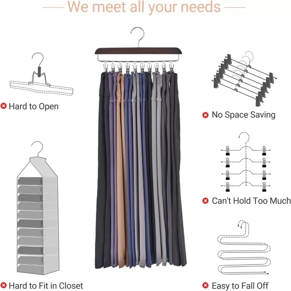 Mkono Legging Organizer for Closet Set of 2 Yoga Pants Hangers with 20 Rubber Coated Clips 360 Swivel Hook Space Saving Rustic Wood Hanging Closet Organizers and StorageBrown