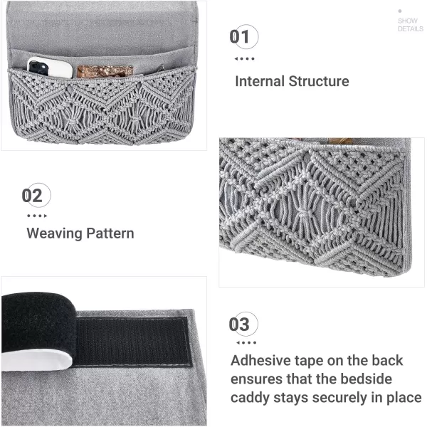 Mkono Macrame Bedside Caddy Storage Organizer Boho Remote Control Tablet Magazine Holder with 4 Pockets Nonslip Countertop Bedside Caddy for Home Bedroom Living Room College Dorm Bed Ivory4 PocketsGrey