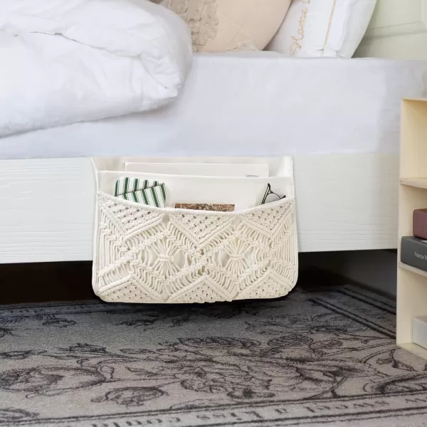 Mkono Macrame Bedside Caddy Storage Organizer Boho Remote Control Tablet Magazine Holder with 4 Pockets Nonslip Countertop Bedside Caddy for Home Bedroom Living Room College Dorm Bed Ivory4 PocketsIvory