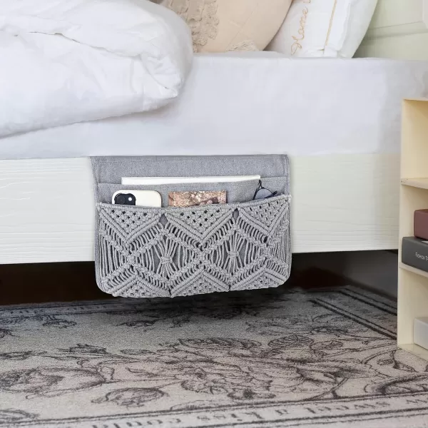 Mkono Macrame Bedside Caddy Storage Organizer Boho Remote Control Tablet Magazine Holder with 4 Pockets Nonslip Countertop Bedside Caddy for Home Bedroom Living Room College Dorm Bed Ivory4 PocketsGrey