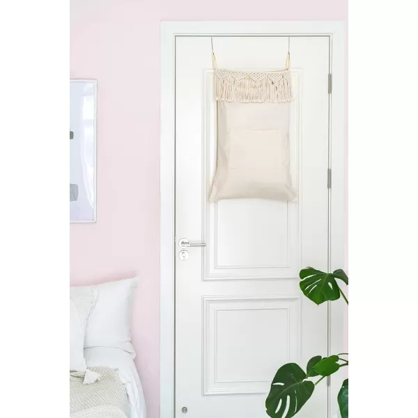 Mkono Macrame Hanging Laundry Hamper with Over The Door Hooks Saving Space Laundry Bag with Zipper and Wide Open Top Boho Decor Hanging Dorm Dirty Clothes Basket for Bathroom Dorm Home Travel