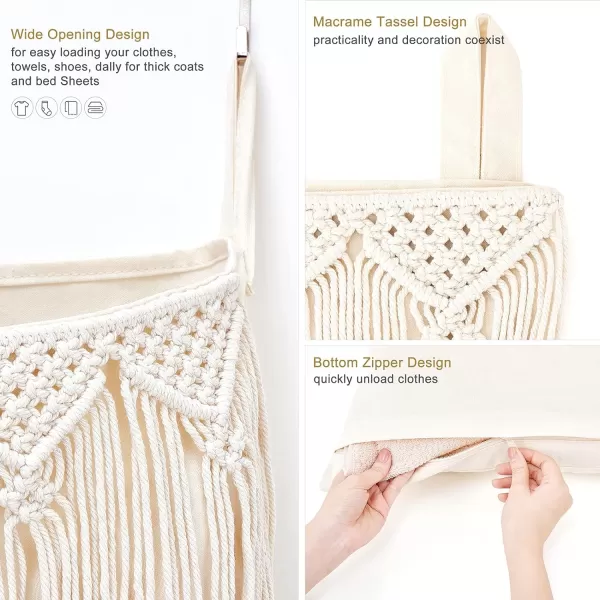Mkono Macrame Hanging Laundry Hamper with Over The Door Hooks Saving Space Laundry Bag with Zipper and Wide Open Top Boho Decor Hanging Dorm Dirty Clothes Basket for Bathroom Dorm Home Travel