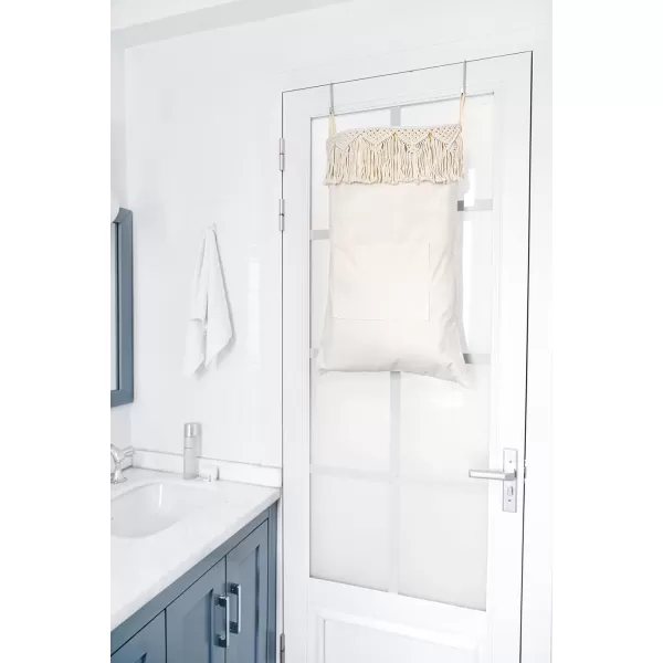 Mkono Macrame Hanging Laundry Hamper with Over The Door Hooks Saving Space Laundry Bag with Zipper and Wide Open Top Boho Decor Hanging Dorm Dirty Clothes Basket for Bathroom Dorm Home Travel