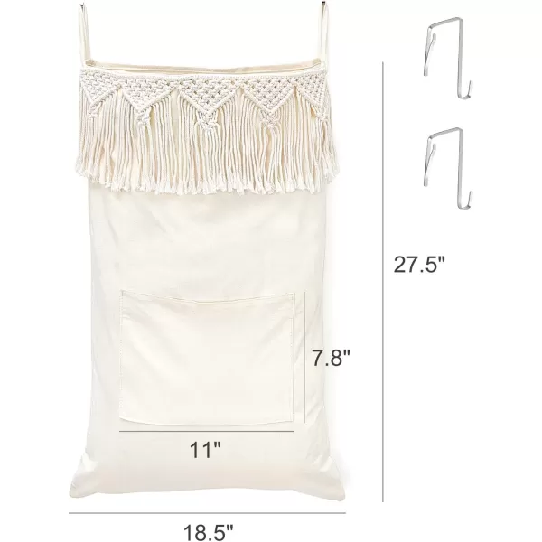 Mkono Macrame Hanging Laundry Hamper with Over The Door Hooks Saving Space Laundry Bag with Zipper and Wide Open Top Boho Decor Hanging Dorm Dirty Clothes Basket for Bathroom Dorm Home Travel