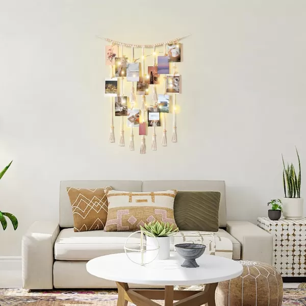 Mkono Macrame Hanging Photo Display Wall Decor with String Lights Boho Room Bedroom Wooden Beads Garland Picture Holder with 30 Clips for Living Room Nursery Teenage Teen Girl GiftsBeige