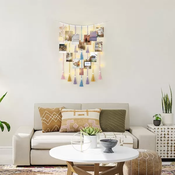 Mkono Macrame Hanging Photo Display Wall Decor with String Lights Boho Room Bedroom Wooden Beads Garland Picture Holder with 30 Clips for Living Room Nursery Teenage Teen Girl GiftsMulti Color