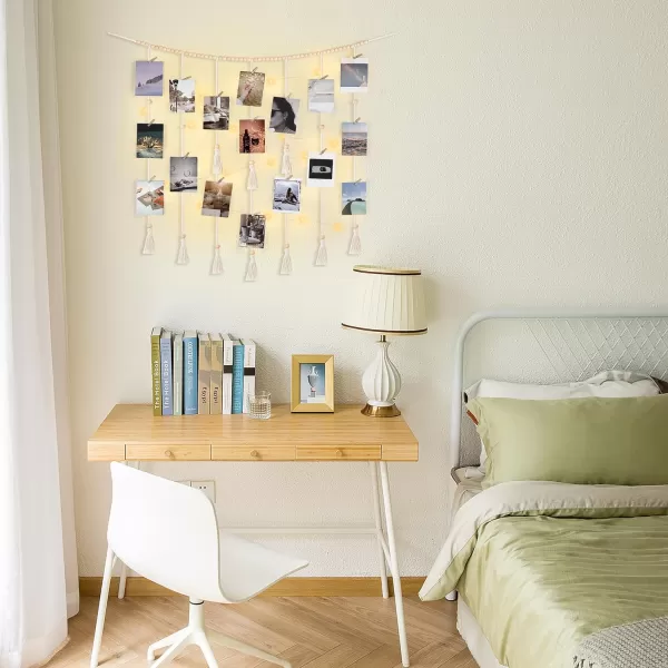 Mkono Macrame Hanging Photo Display Wall Decor with String Lights Boho Room Bedroom Wooden Beads Garland Picture Holder with 30 Clips for Living Room Nursery Teenage Teen Girl GiftsBeige