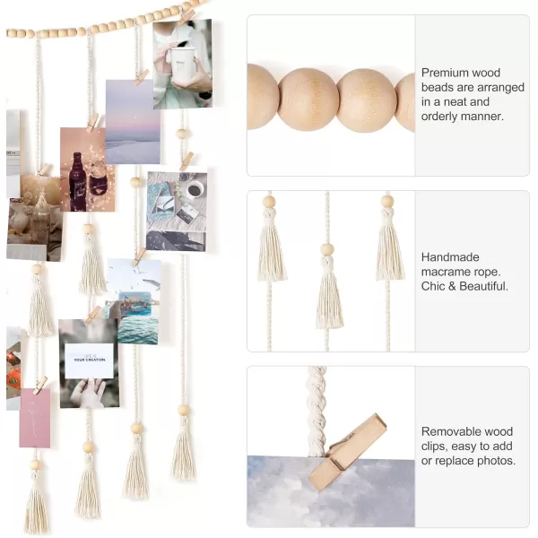 Mkono Macrame Hanging Photo Display Wall Decor with String Lights Boho Room Bedroom Wooden Beads Garland Picture Holder with 30 Clips for Living Room Nursery Teenage Teen Girl GiftsBeige