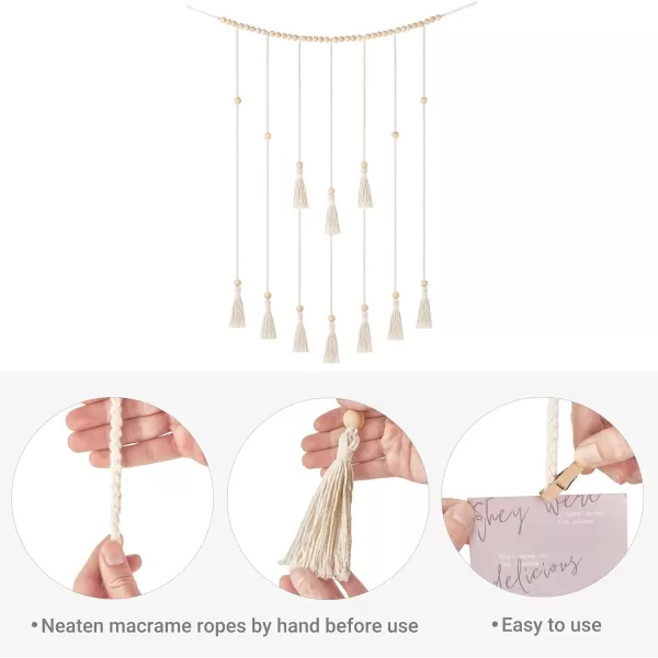 Mkono Macrame Hanging Photo Display Wall Decor with String Lights Boho Room Bedroom Wooden Beads Garland Picture Holder with 30 Clips for Living Room Nursery Teenage Teen Girl GiftsBeige