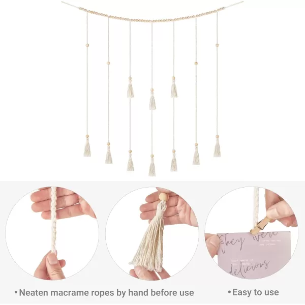 Mkono Macrame Hanging Photo Display Wall Decor with String Lights Boho Room Bedroom Wooden Beads Garland Picture Holder with 30 Clips for Living Room Nursery Teenage Teen Girl GiftsBeige