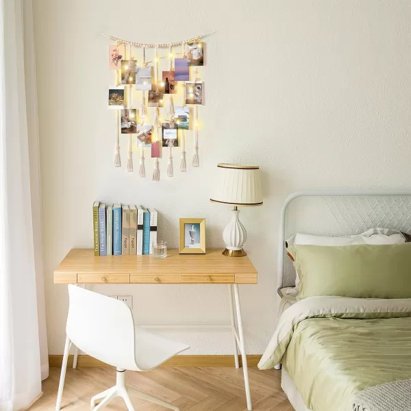 Mkono Macrame Hanging Photo Display Wall Decor with String Lights Boho Room Bedroom Wooden Beads Garland Picture Holder with 30 Clips for Living Room Nursery Teenage Teen Girl GiftsBeige