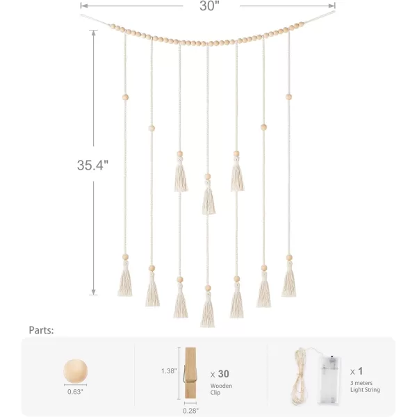 Mkono Macrame Hanging Photo Display Wall Decor with String Lights Boho Room Bedroom Wooden Beads Garland Picture Holder with 30 Clips for Living Room Nursery Teenage Teen Girl GiftsBeige