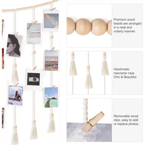 Mkono Macrame Hanging Photo Display Wall Decor with String Lights Boho Room Bedroom Wooden Beads Garland Picture Holder with 30 Clips for Living Room Nursery Teenage Teen Girl GiftsBeige