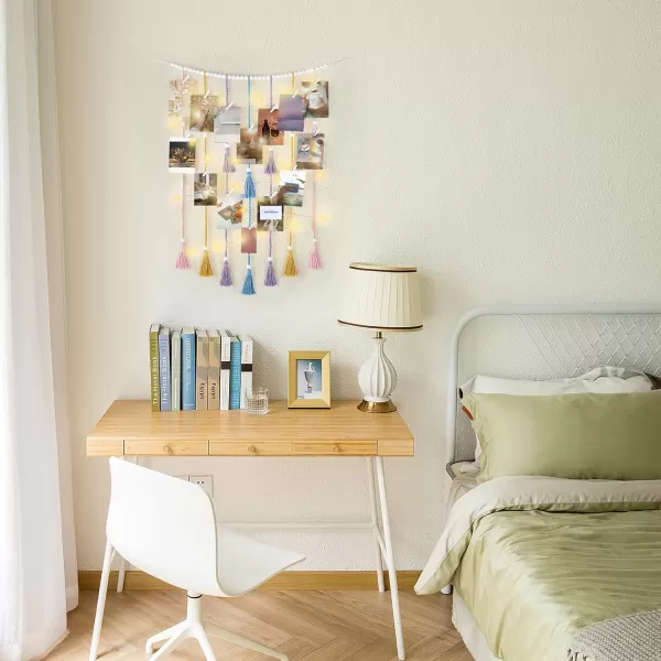 Mkono Macrame Hanging Photo Display Wall Decor with String Lights Boho Room Bedroom Wooden Beads Garland Picture Holder with 30 Clips for Living Room Nursery Teenage Teen Girl GiftsMulti Color