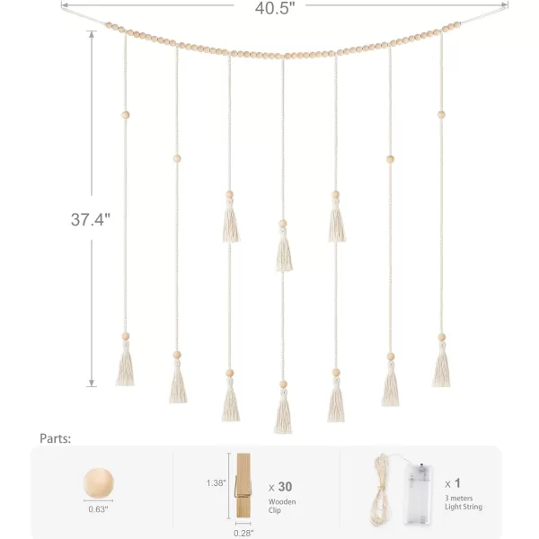 Mkono Macrame Hanging Photo Display Wall Decor with String Lights Boho Room Bedroom Wooden Beads Garland Picture Holder with 30 Clips for Living Room Nursery Teenage Teen Girl GiftsBeige