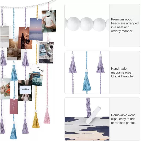 Mkono Macrame Hanging Photo Display Wall Decor with String Lights Boho Room Bedroom Wooden Beads Garland Picture Holder with 30 Clips for Living Room Nursery Teenage Teen Girl GiftsMulti Color