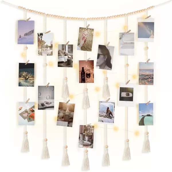 Mkono Macrame Hanging Photo Display Wall Decor with String Lights Boho Room Bedroom Wooden Beads Garland Picture Holder with 30 Clips for Living Room Nursery Teenage Teen Girl GiftsBeige
