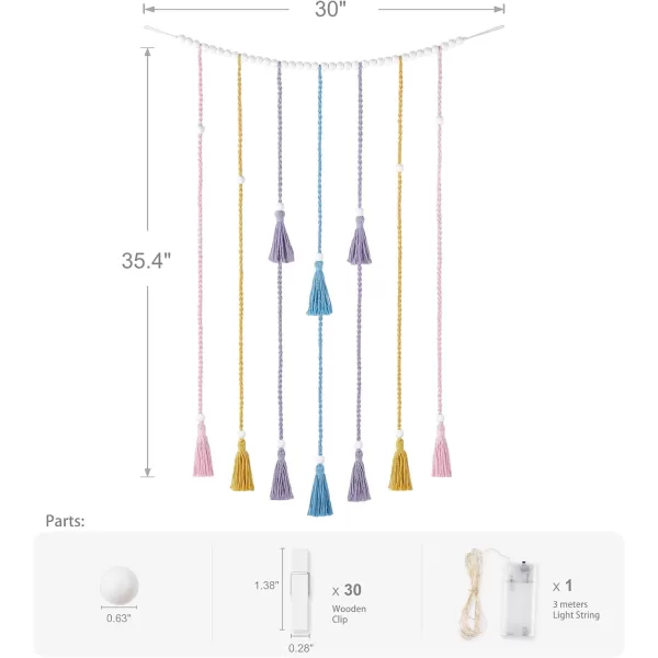 Mkono Macrame Hanging Photo Display Wall Decor with String Lights Boho Room Bedroom Wooden Beads Garland Picture Holder with 30 Clips for Living Room Nursery Teenage Teen Girl GiftsMulti Color