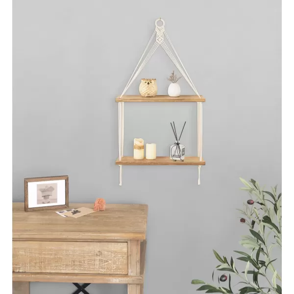 Mkono Macrame Hanging Shelf Boho Wall Decor 2 Tier Handmade Cotton Rope Rustic Wood Floating Shelves Display Photos Plants Hanging Storage Shelving for Living Room Nursery Bathroom Bedroom