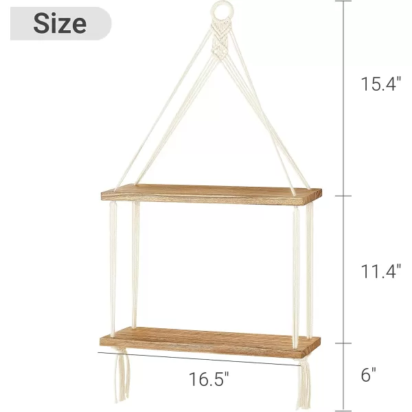 Mkono Macrame Hanging Shelf Boho Wall Decor 2 Tier Handmade Cotton Rope Rustic Wood Floating Shelves Display Photos Plants Hanging Storage Shelving for Living Room Nursery Bathroom Bedroom