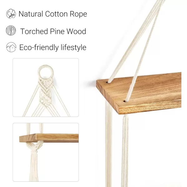 Mkono Macrame Hanging Shelf Boho Wall Decor 2 Tier Handmade Cotton Rope Rustic Wood Floating Shelves Display Photos Plants Hanging Storage Shelving for Living Room Nursery Bathroom Bedroom