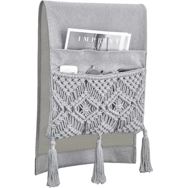 Mkono Macrame Sofa Armrest Organizer Remote Control Holder Couch Bedside Armchair Caddy Storage Basket Bag for TV Remote Control Magazine Books Cell Phone iPad Boho Home Dorm Decor BeigeGrey
