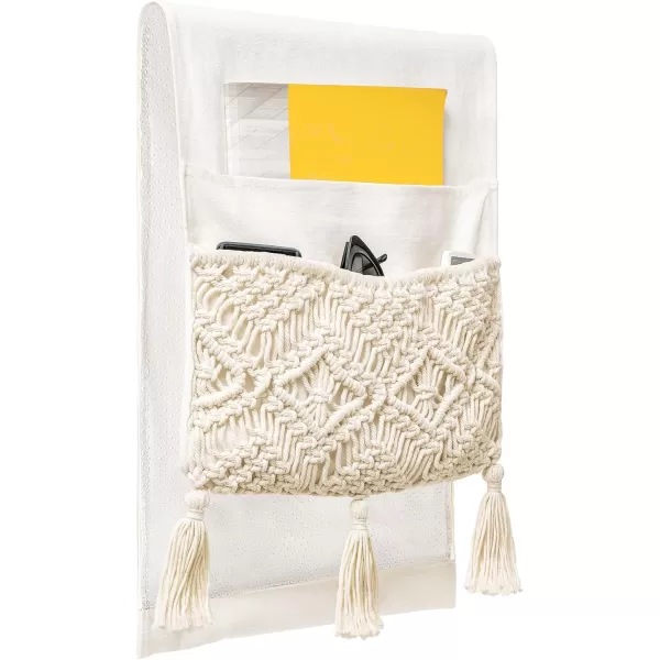 Mkono Macrame Sofa Armrest Organizer Remote Control Holder Couch Bedside Armchair Caddy Storage Basket Bag for TV Remote Control Magazine Books Cell Phone iPad Boho Home Dorm Decor BeigeBeige