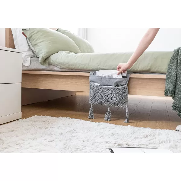 Mkono Macrame Sofa Armrest Organizer Remote Control Holder Couch Bedside Armchair Caddy Storage Basket Bag for TV Remote Control Magazine Books Cell Phone iPad Boho Home Dorm Decor BeigeGrey