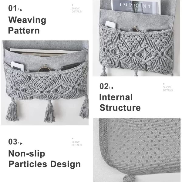 Mkono Macrame Sofa Armrest Organizer Remote Control Holder Couch Bedside Armchair Caddy Storage Basket Bag for TV Remote Control Magazine Books Cell Phone iPad Boho Home Dorm Decor BeigeGrey