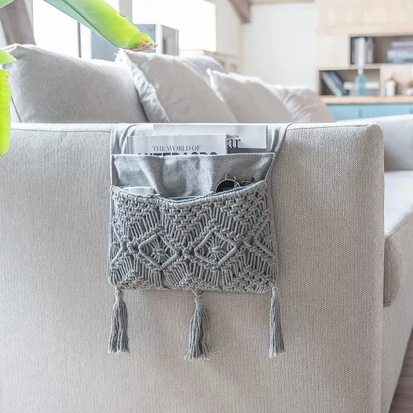 Mkono Macrame Sofa Armrest Organizer Remote Control Holder Couch Bedside Armchair Caddy Storage Basket Bag for TV Remote Control Magazine Books Cell Phone iPad Boho Home Dorm Decor BeigeGrey