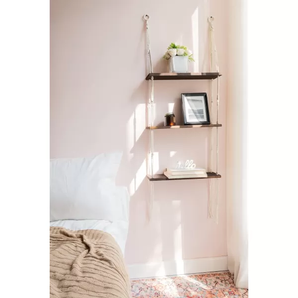 Mkono Macrame Wall Hanging Shelf 3 Tier Wood Floating Shelves with Cute Woven Rope Boho Room Decor Display Photos Plant Hanging Storage Shelves for Bathroom Bedroom Living Room Nursery