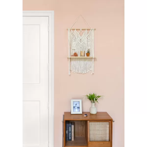 Mkono Macrame Wall Hanging Shelf Boho Decor Wood Floating Shelf for Bedroom Living Room Nursery Bathroom Handmade Woven Rope Storage Rack for Photo Frames Plant Display