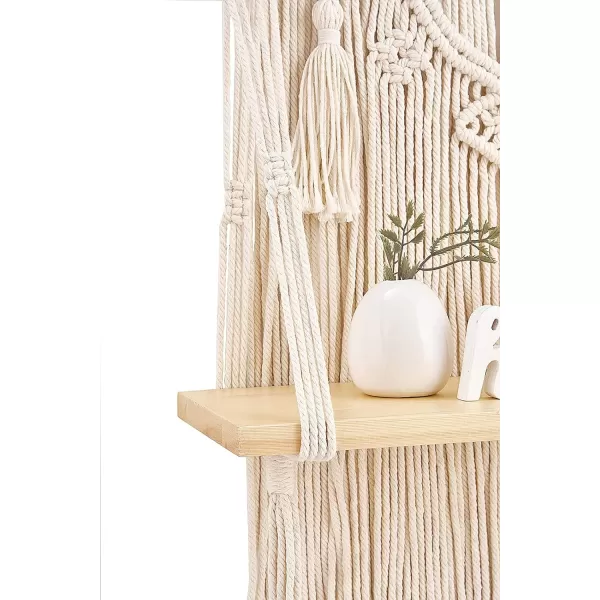 Mkono Macrame Wall Hanging Shelf Boho Decor Wood Floating Shelf for Bedroom Living Room Nursery Bathroom Handmade Woven Rope Storage Rack for Photo Frames Plant Display