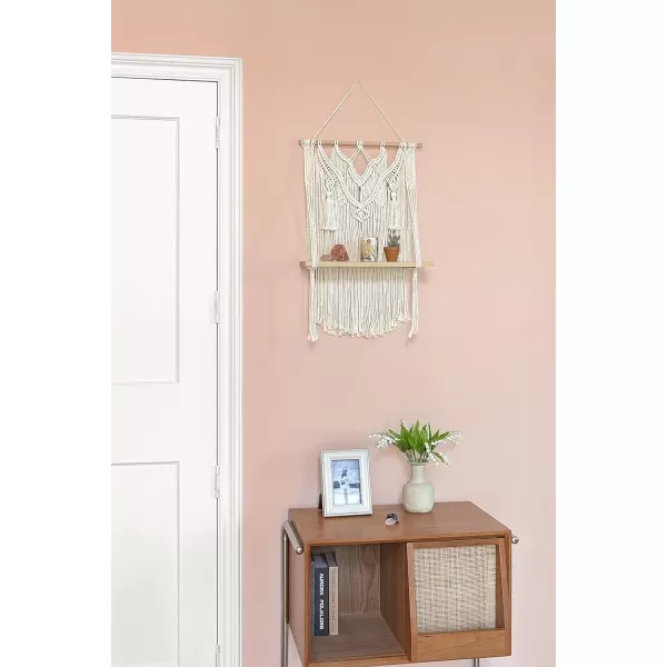 Mkono Macrame Wall Hanging Shelf Boho Decor Wood Floating Shelf for Bedroom Living Room Nursery Bathroom Handmade Woven Rope Storage Rack for Photo Frames Plant Display