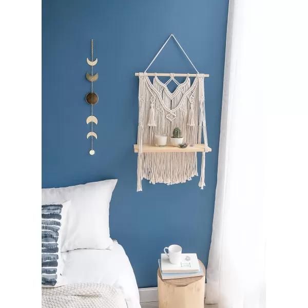 Mkono Macrame Wall Hanging Shelf Boho Decor Wood Floating Shelf for Bedroom Living Room Nursery Bathroom Handmade Woven Rope Storage Rack for Photo Frames Plant Display