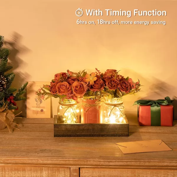 Mkono Mason Jar Lights Centerpiece Table Decorations for Farmhouse Coffee Table Wood Tray 3 Jars Flowers for Kitchen Dining Living Room Summer Fall DecorOrange