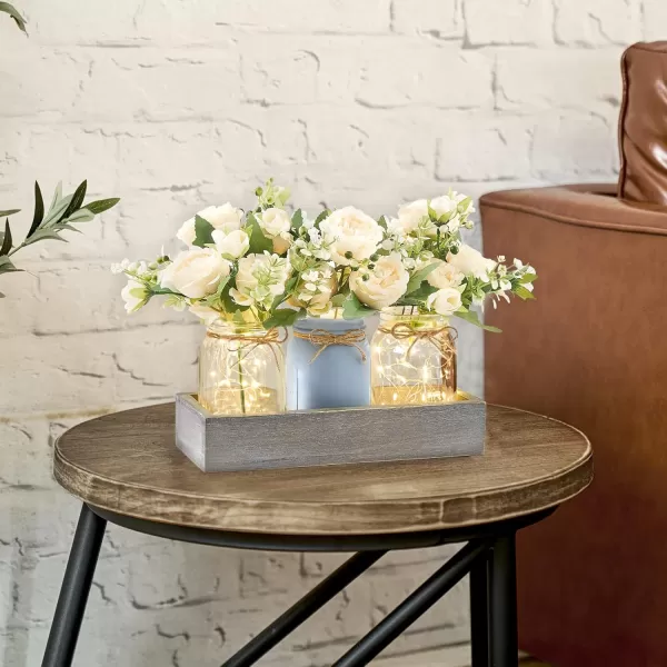 Mkono Mason Jar Lights Centerpiece Table Decorations for Farmhouse Coffee Table Wood Tray 3 Jars Flowers for Kitchen Dining Living Room Summer Fall DecorGrey Blue