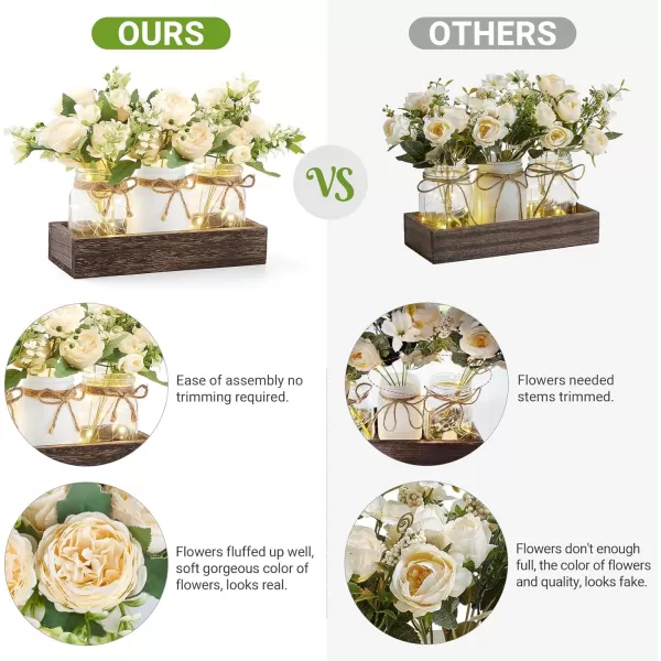 Mkono Mason Jar Lights Centerpiece Table Decorations for Farmhouse Coffee Table Wood Tray 3 Jars Flowers for Kitchen Dining Living Room Summer Fall DecorWhite