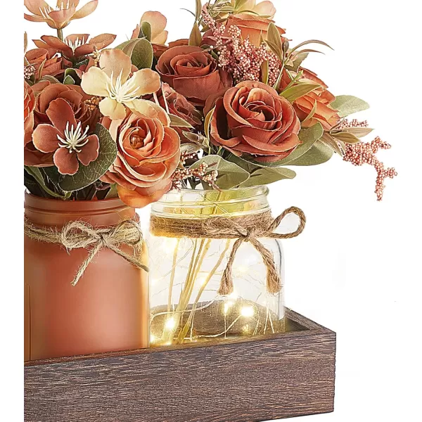 Mkono Mason Jar Lights Centerpiece Table Decorations for Farmhouse Coffee Table Wood Tray 3 Jars Flowers for Kitchen Dining Living Room Summer Fall DecorOrange