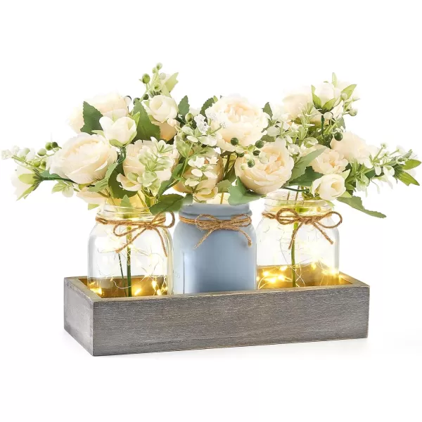 Mkono Mason Jar Lights Centerpiece Table Decorations for Farmhouse Coffee Table Wood Tray 3 Jars Flowers for Kitchen Dining Living Room Summer Fall DecorGrey Blue