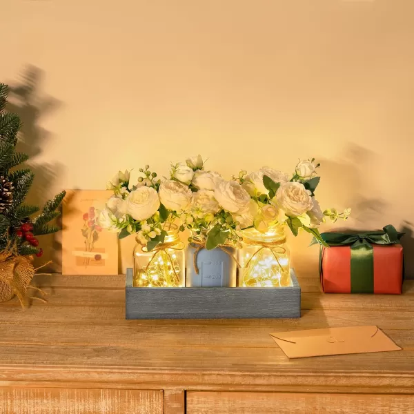 Mkono Mason Jar Lights Centerpiece Table Decorations for Farmhouse Coffee Table Wood Tray 3 Jars Flowers for Kitchen Dining Living Room Summer Fall DecorGrey Blue