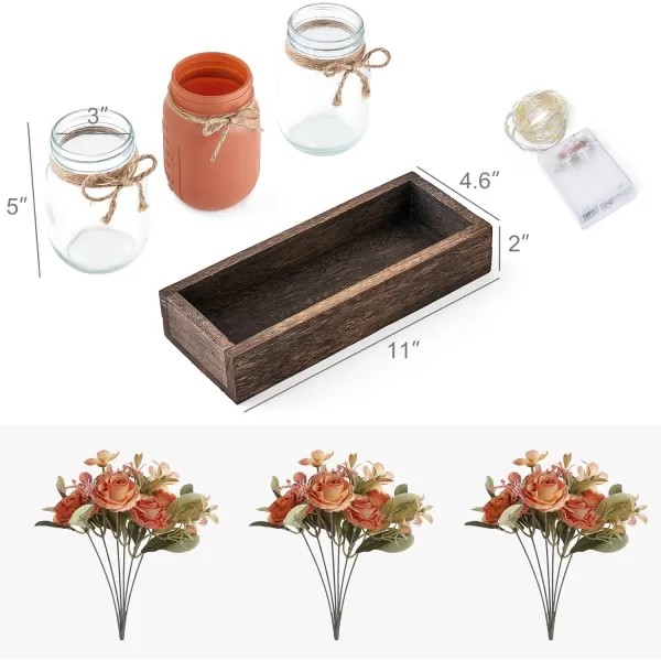 Mkono Mason Jar Lights Centerpiece Table Decorations for Farmhouse Coffee Table Wood Tray 3 Jars Flowers for Kitchen Dining Living Room Summer Fall DecorOrange