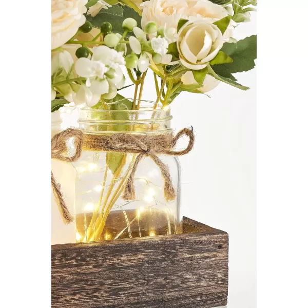 Mkono Mason Jar Lights Centerpiece Table Decorations for Farmhouse Coffee Table Wood Tray 3 Jars Flowers for Kitchen Dining Living Room Summer Fall DecorWhite