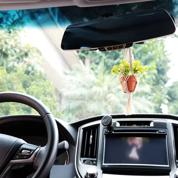 Mkono Mini Macrame Plant Car Accessories Rear View Mirror Charm Cute Hanging Rearview Car Decor Boho Hanger with Artificial Succulent Plants Gifts for Plant Lover Set of 2 RedRed