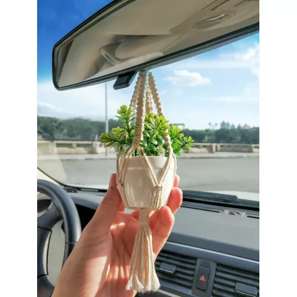 Mkono Mini Macrame Plant Car Accessories Rear View Mirror Charm Cute Hanging Rearview Car Decor Boho Hanger with Artificial Succulent Plants Gifts for Plant Lover Set of 2 RedWhite