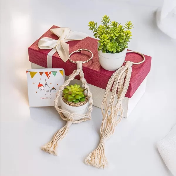 Mkono Mini Macrame Plant Car Accessories Rear View Mirror Charm Cute Hanging Rearview Car Decor Boho Hanger with Artificial Succulent Plants Gifts for Plant Lover Set of 2 RedWhite