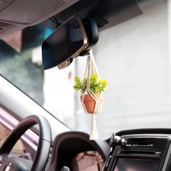 Mkono Mini Macrame Plant Car Accessories Rear View Mirror Charm Cute Hanging Rearview Car Decor Boho Hanger with Artificial Succulent Plants Gifts for Plant Lover Set of 2 RedRed